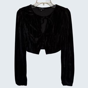 Emory Park Dark Romantic Long Sleeve Velvet Crop Top with Buttons and Tie size S